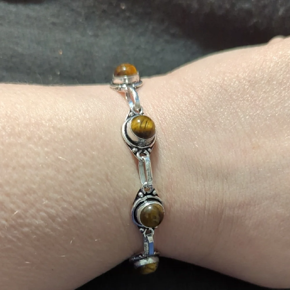 Silver Plated Brown Tiger's Eye Gemstone Dainty Delicate Statement Bracelet